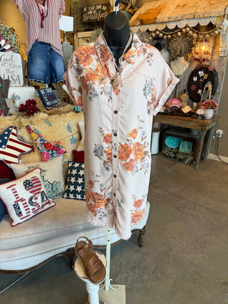 Printed Washed Twill Shirt Dress in Rose, Sage or Taupe