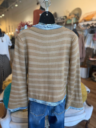 Denim Trim Striped Knit Zip Up Jacket