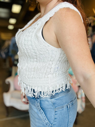 Ivory Crochet Vest with Fringe Hem