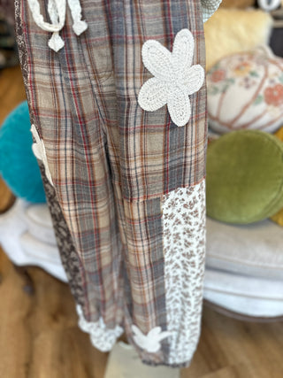 Mocha Plaid Floral Patch Pants