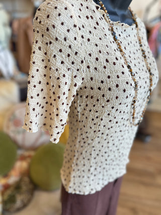 Brown and Ivory Crinkle Polka Dot Top