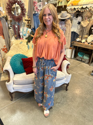 Floral Washed Denim Pant