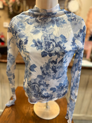 Blue and White Floral Mesh Top