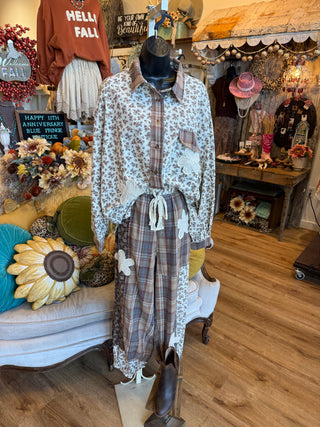 Mocha Plaid Floral Patch Top
