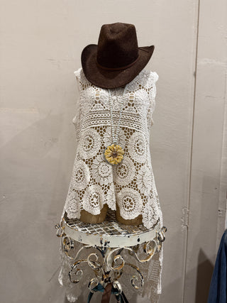 Crochet High Low Tunic Top in Beige