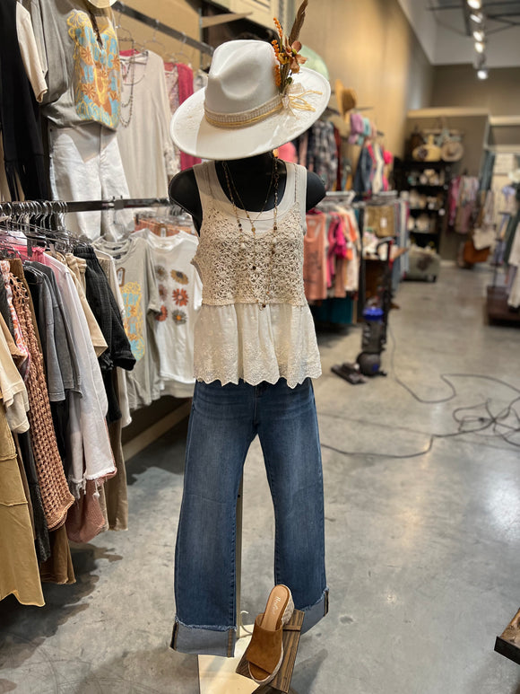 Beige Crochet Embroidery Tank Top