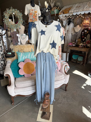 Frayed Denim Star Tee in Beige or White