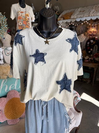 Frayed Denim Star Tee in Beige or White