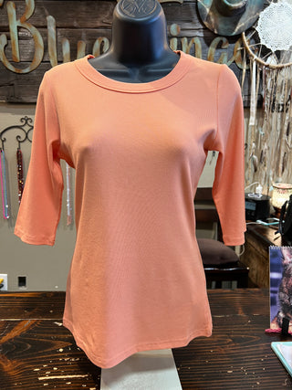 Rib Knit 3/4 Sleeve Top in Black, Taupe,  Ivory, Apricot or Pink