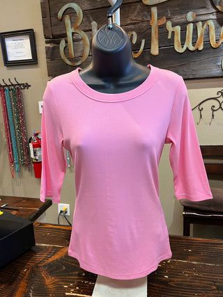 Rib Knit 3/4 Sleeve Top in Black, Taupe,  Ivory, Apricot or Pink