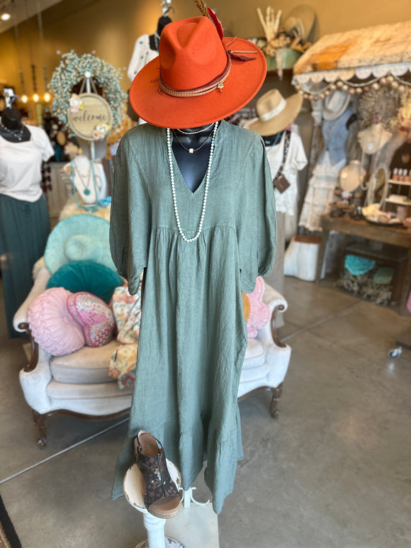 Linen Ruffle Midi Dress in Khaki