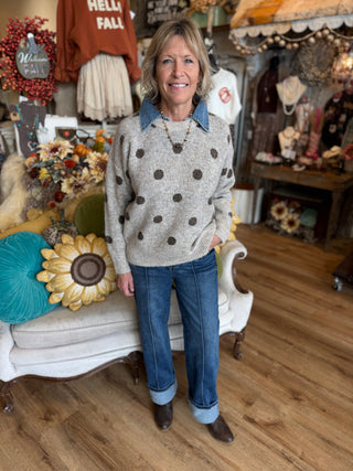 Oat Brown Dot and Denim Collar Sweater