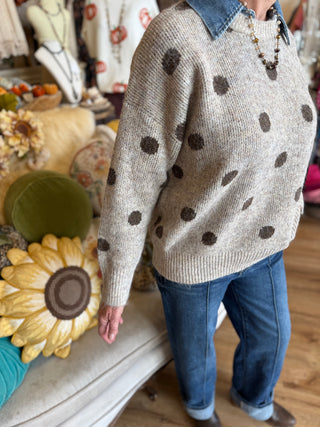 Oat Brown Dot and Denim Collar Sweater